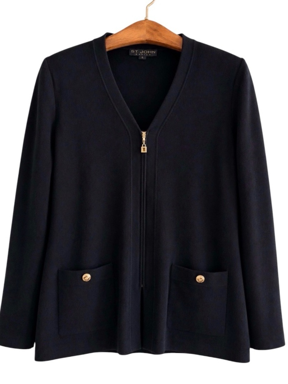 ST. JOHN BASICS Santana Knit Black Knit-Up Cardigan Jacket Quiet Luxury Size 14